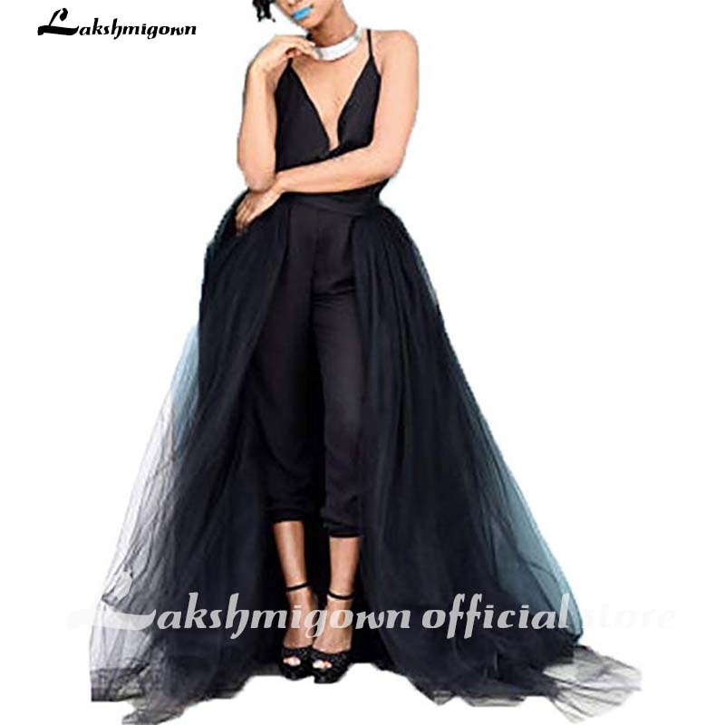 Jumpsuit Black Wedding Dresses Gothic V Neck Overskirt Wedding Dresses Sleeveless Arabic Wedding Gowns 2020 robe soiree dubai