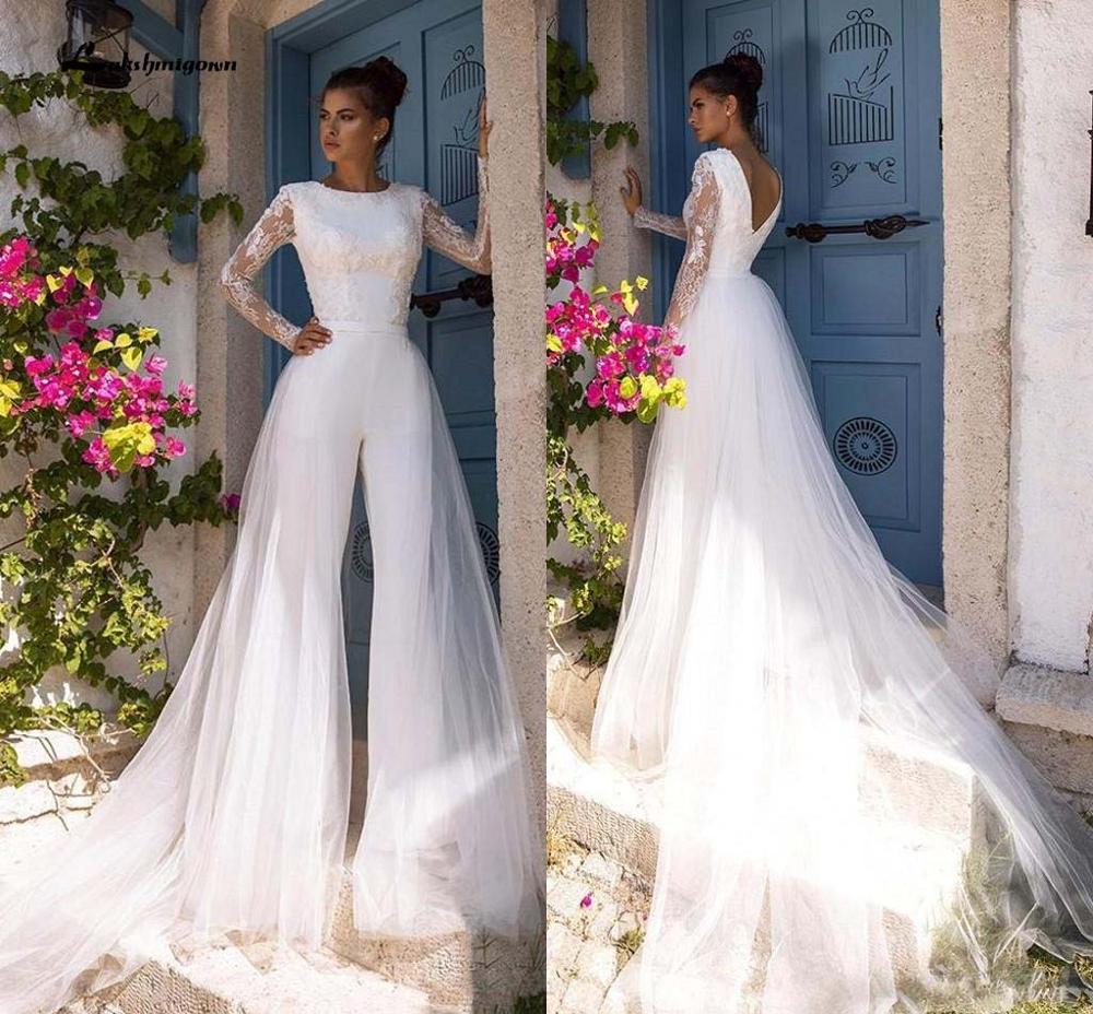 Boho Beach Modest Long Sleeve Jumpsuits Wedding Dress With Detachable Train Lace Bohemian Wedding Dress Bridal Gowns - ROYCEBRIDAL OFFICIAL STORE