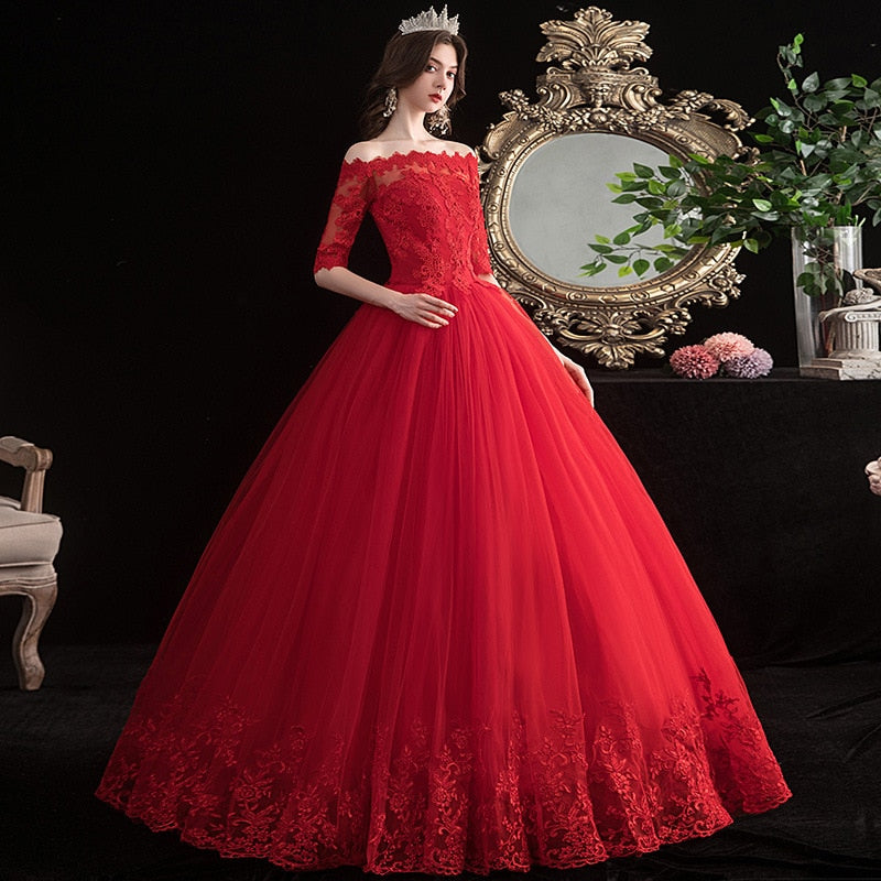 Half-sleeve Red Wedding Dress Lace Up  Bride Plus Size Wedding Dresses Ball Gowns Princess Dresses  Vestido De Novia