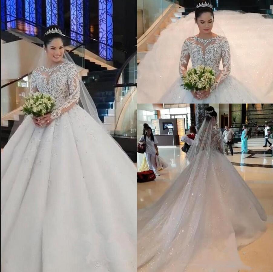 New Luxury Lace Ball Gown Wedding Dresses Long Sleeves Beaded Appliques Jewel Neck Court Train Wedding Bridal Gowns Custom Made
