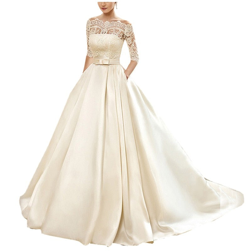 Lace Wedding Dresses Satin With Jacket See Though Half Sleeves Bridal Wedding Dress Robe De Mariage vestido de casamento