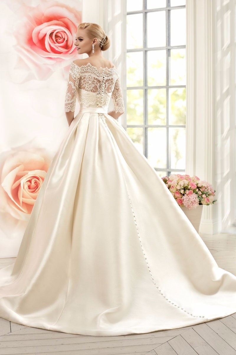 Lace Wedding Dresses Satin With Jacket See Though Half Sleeves Bridal Wedding Dress Robe De Mariage vestido de casamento