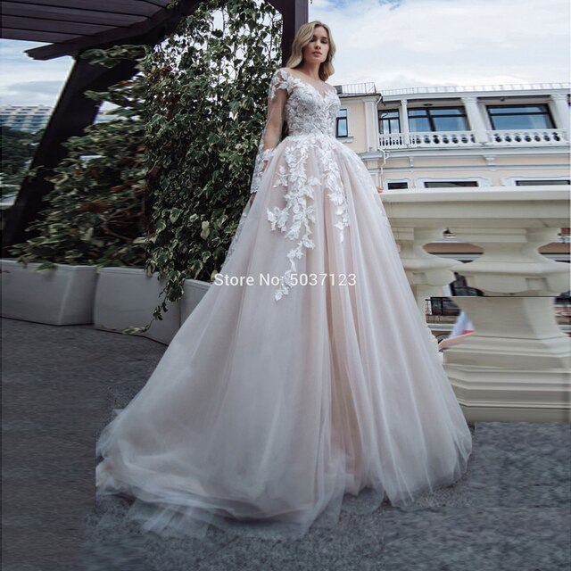 Luxury Long Sleeves Wedding Dresses 2021 A Line V Neck Bridal Wedding Gown Lace Appliques Floor Length Illusion Vestido De Noiva