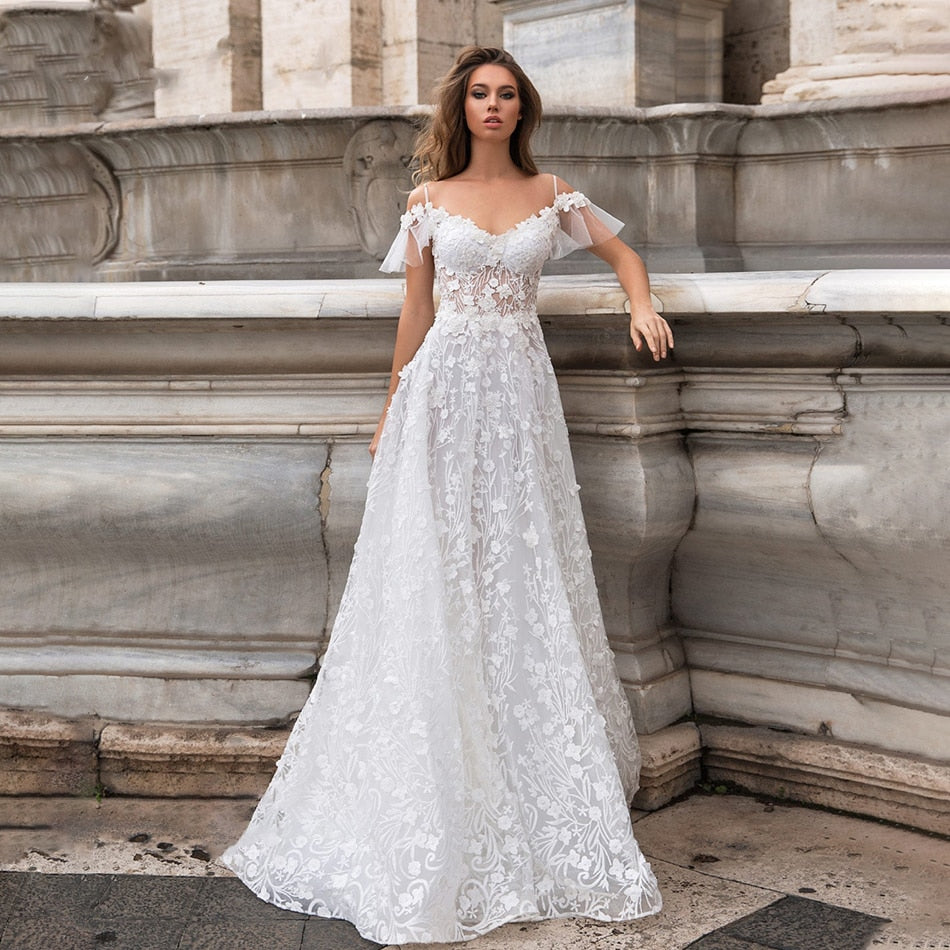 New Wedding Dresses 2021 A-line Sweetheart Bridal Gown Lace Appliques Ball Gown Short Sleeve Backless Vestidos de Noivas