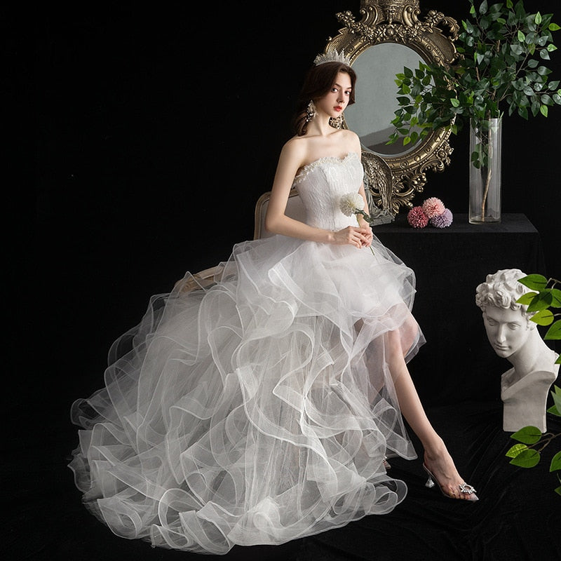 Vestido De Noiva 2021 New Front Short Long Back Strapless Wedding Dress Sweet Bride Dress With Train Custom Made Wedding Gown L