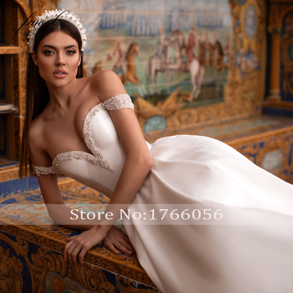 Fmogl Vestidos De Noiva Sexy Boat Neck Vintage Wedding Dresses 2021 Luxury Beaded Pearls Sashes Matte Satin A Line Bride Gown
