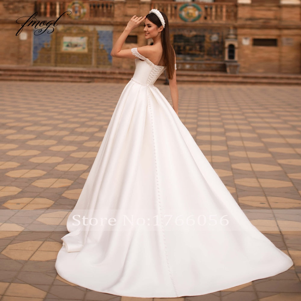 Fmogl Vestidos De Noiva Sexy Boat Neck Vintage Wedding Dresses 2021 Luxury Beaded Pearls Sashes Matte Satin A Line Bride Gown