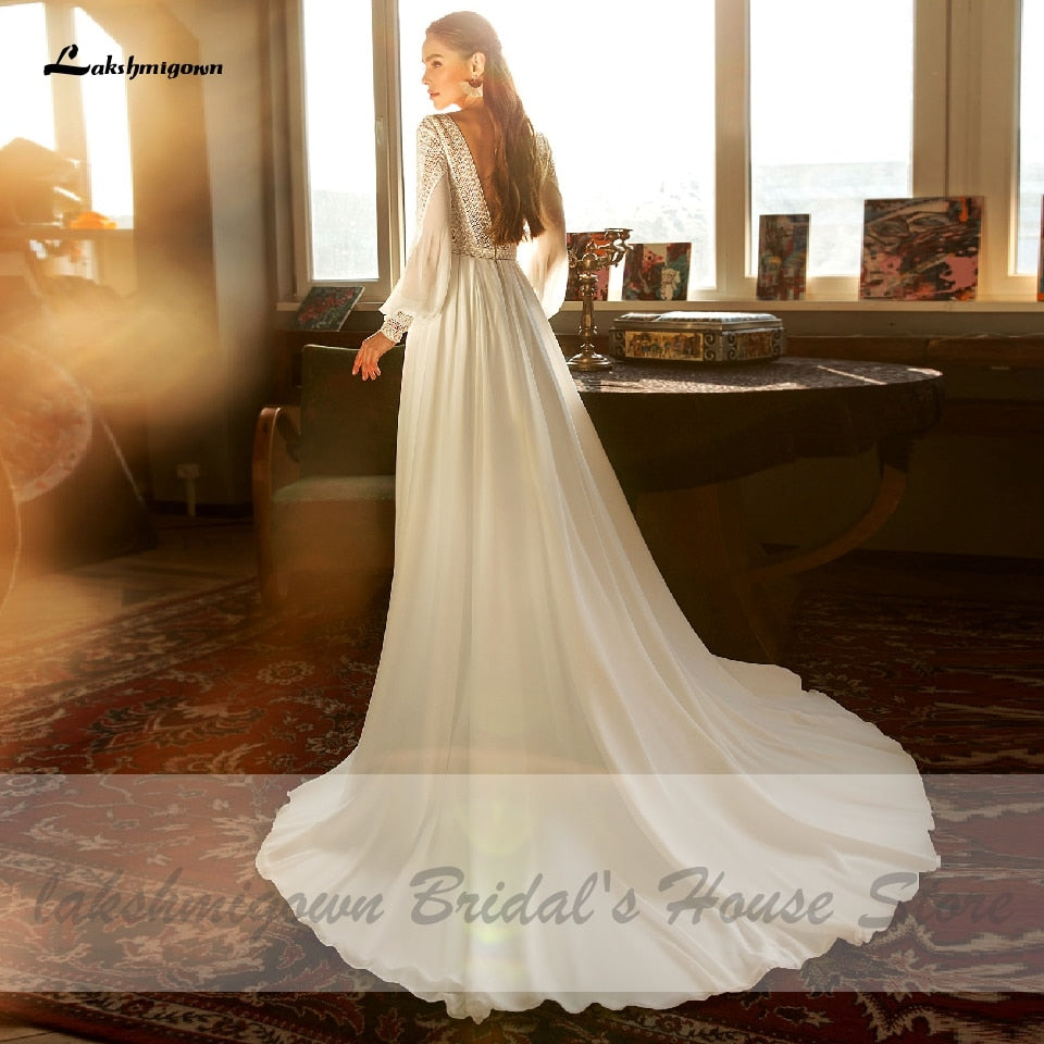 Lakshmigown Puffy Long Sleeve Dress Women Boho Wedding Dresses 2021 Vestido Sexy Bridal Wedding Gown V-Neck Backless Lace Bodice