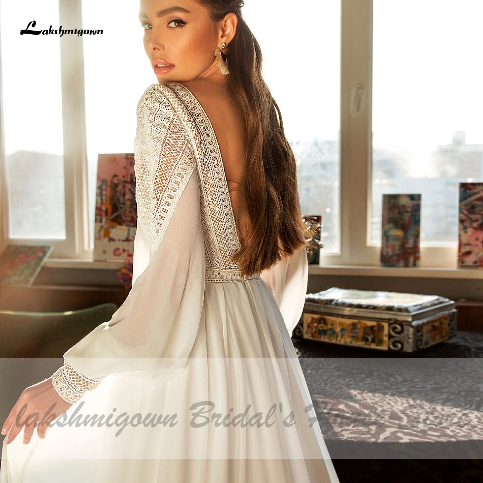 Lakshmigown Puffy Long Sleeve Dress Women Boho Wedding Dresses 2021 Vestido Sexy Bridal Wedding Gown V-Neck Backless Lace Bodice