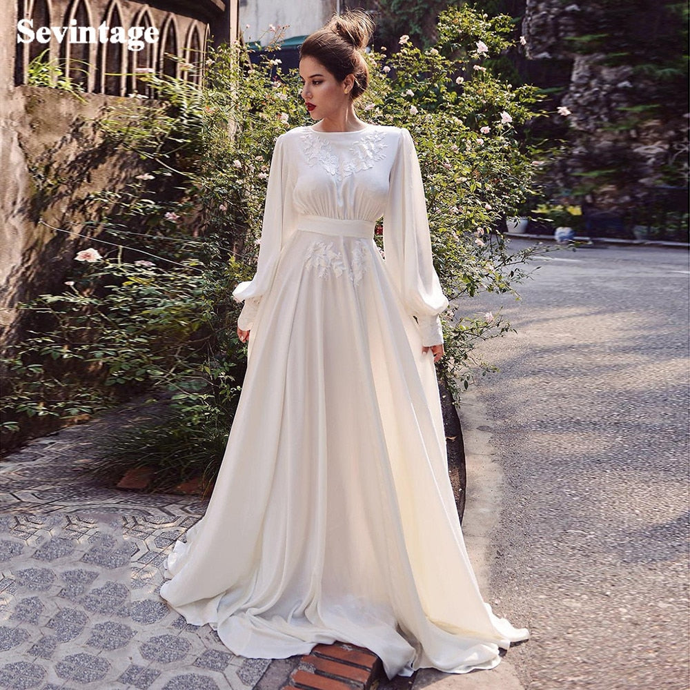 Simple A-Line Soft Satin Wedding Dresses Boho Lace Appliques Long Puff Sleeves Bridal Gown Vintage Wedding Party Gowns 2021