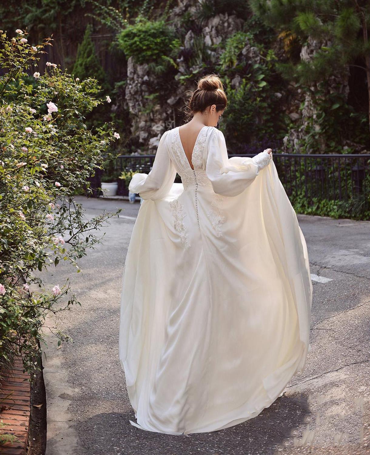 Chic A-line Off-the-shoulder White Simple Satin Wedding Dresses HKL014 –  SELINADRESS