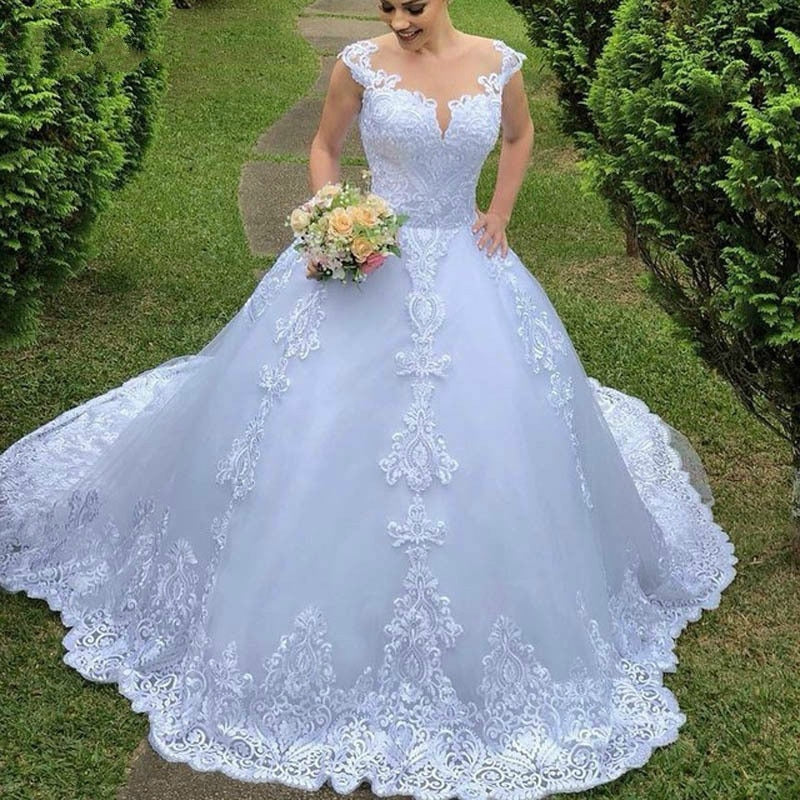 Cheap Illusion Vestido De Noiva Round Neck Ball Gown Princess Appliques For Luxury Wedding Dress Wedding Dress Sexy Mariee Back