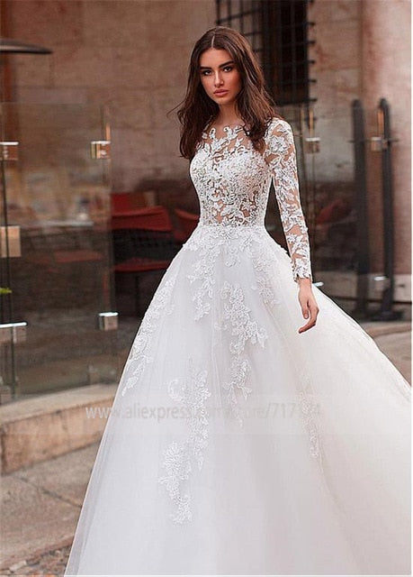 Attractive Tulle Jewel Neckline See-through Bodice A-line Wedding Dress With Lace Appliques & Beadings Long Sleeves Bridal Dress