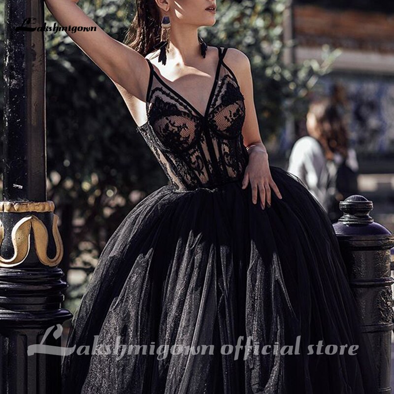 Lakshmigown Gothic Black Wedding Dresses Backless A-line Bridal Dress Tea Length Deep V-Neck Lace Wedding Gowns Vestido De Novia - ROYCEBRIDAL OFFICIAL STORE