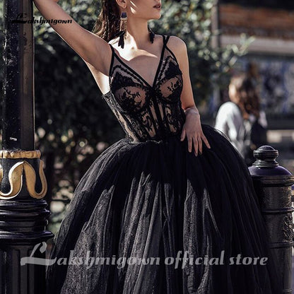 Lakshmigown Gothic Black Wedding Dresses Backless A-line Bridal Dress Tea Length Deep V-Neck Lace Wedding Gowns Vestido De Novia - ROYCEBRIDAL OFFICIAL STORE