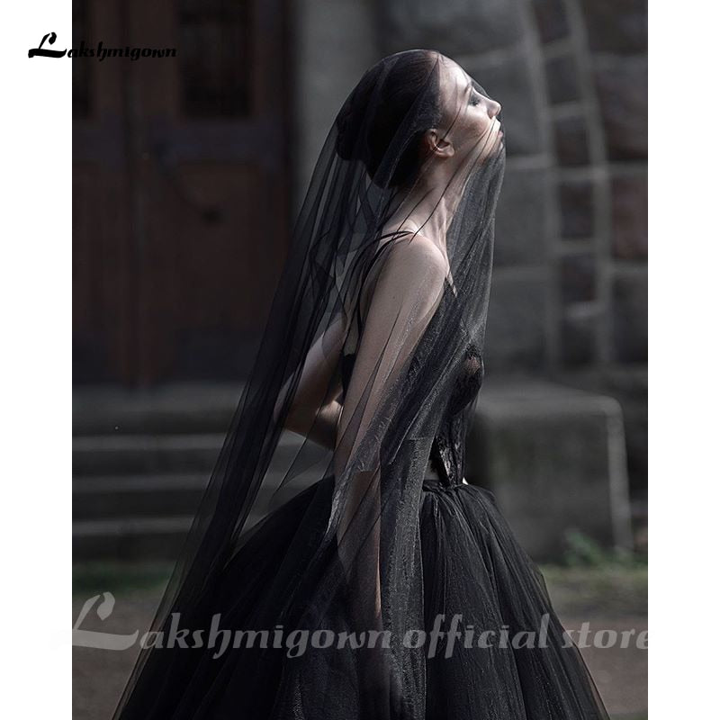 Lakshmigown Gothic Black Wedding Dresses Backless A-line Bridal Dress Tea Length Deep V-Neck Lace Wedding Gowns Vestido De Novia - ROYCEBRIDAL OFFICIAL STORE