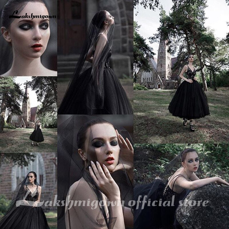 Lakshmigown Gothic Black Wedding Dresses Backless A-line Bridal Dress Tea Length Deep V-Neck Lace Wedding Gowns Vestido De Novia - ROYCEBRIDAL OFFICIAL STORE