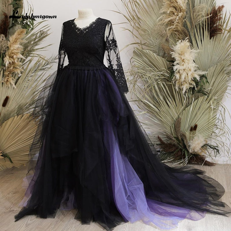 Lakshmigown Purple Black Gothic Wedding Dresses 2021 abito da sposa Sexy Slit Tulle Long Sleeve Bridal Gown vestido de novia