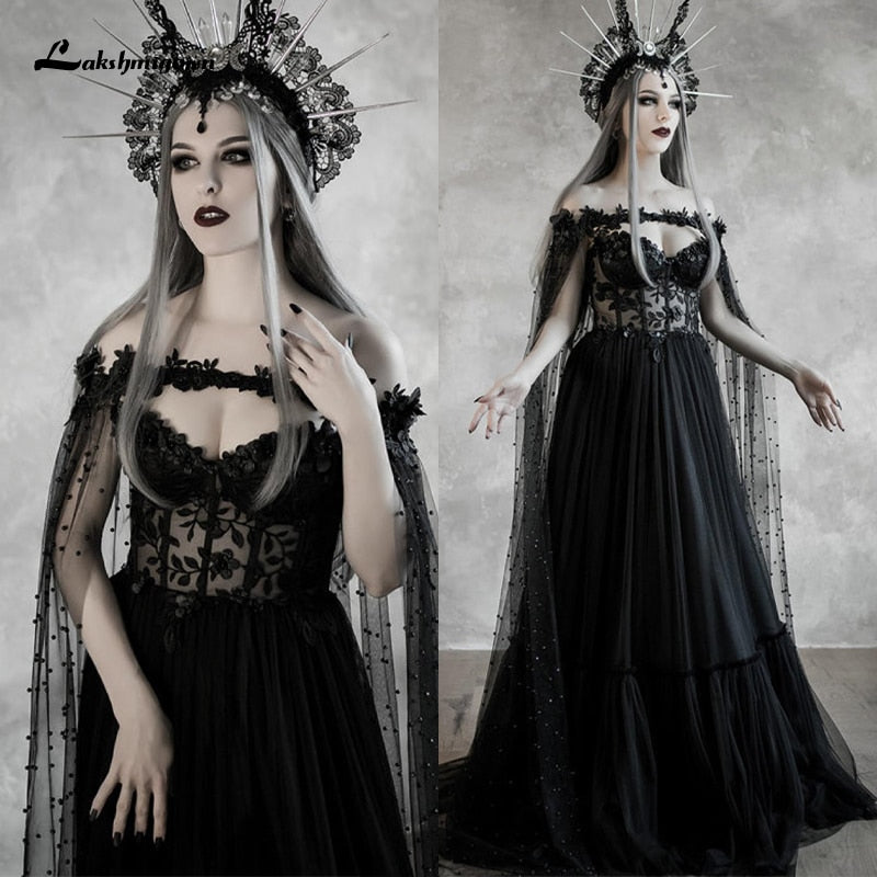 Lakshmigow Dark Fairytale Gothic Black Wedding Dresses with Cupped Cor ...