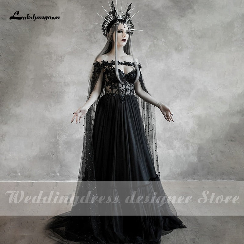 Lakshmigow Dark Fairytale Gothic Black Wedding Dresses with Cupped Corset Bodice Fantasy Bridal Gown Halloween Wedding Cloak