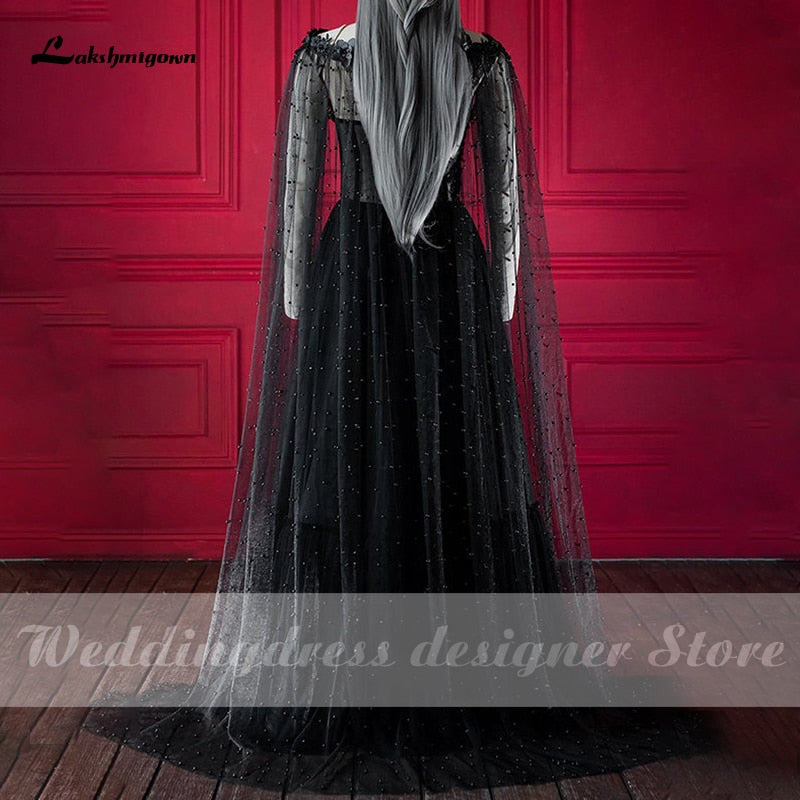 Lakshmigow Dark Fairytale Gothic Black Wedding Dresses with Cupped Corset Bodice Fantasy Bridal Gown Halloween Wedding Cloak