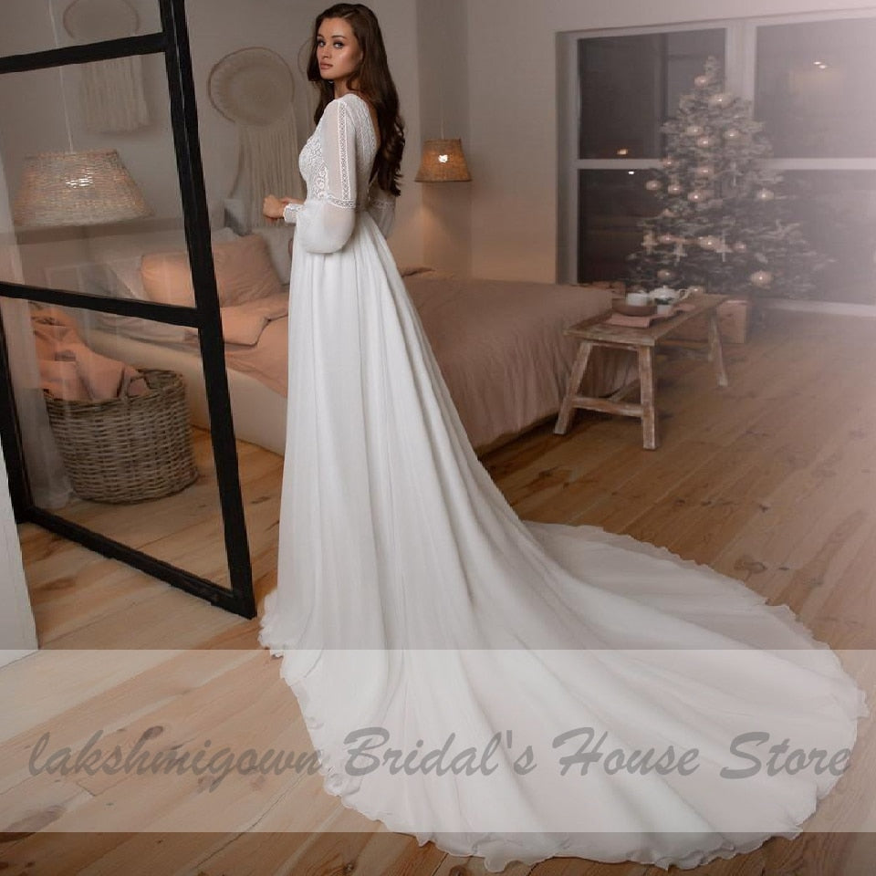 Vestidos Boho Bridal Long Sleeve Wedding Dresses A Line 2021 Robe Longue Simple Beach Chiffon Long Wedding Gowns Deep V-neck