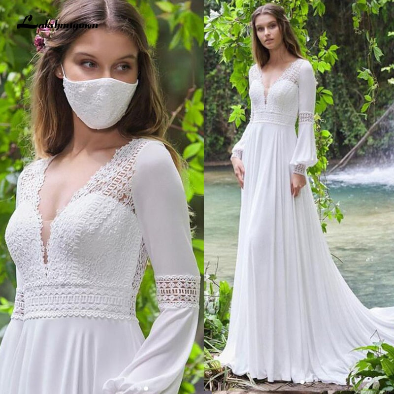Vintage Long Puff Sleeves Wedding Dress Lace And Chiffon A Line Bride Gowns Backless Sexy Boho Bridal Dress 2021 New  Arrival