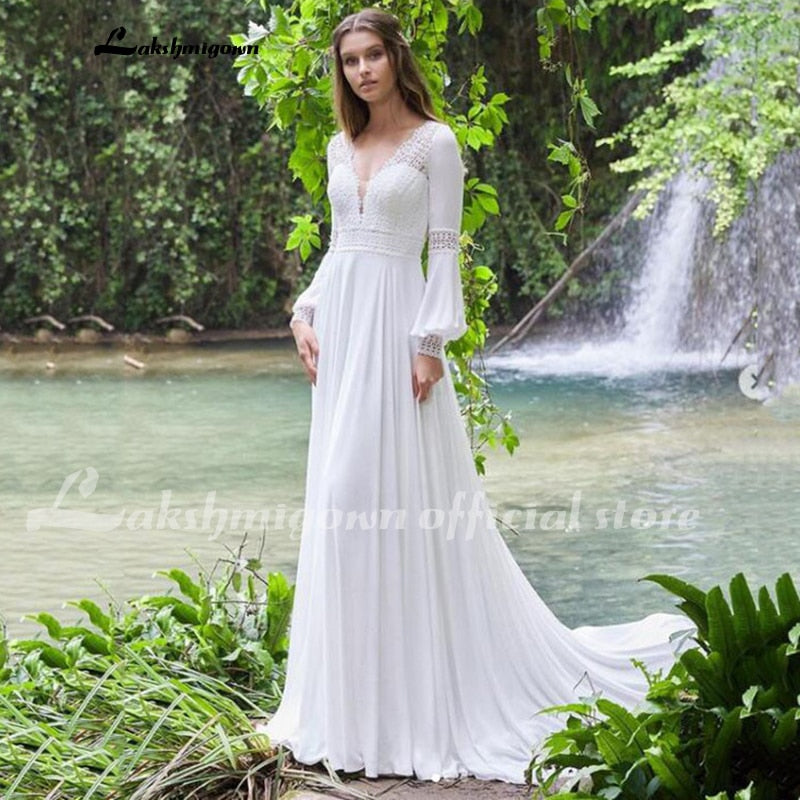 Vintage Long Puff Sleeves Wedding Dress Lace And Chiffon A Line Bride Gowns Backless Sexy Boho Bridal Dress 2021 New  Arrival - ROYCEBRIDAL OFFICIAL STORE