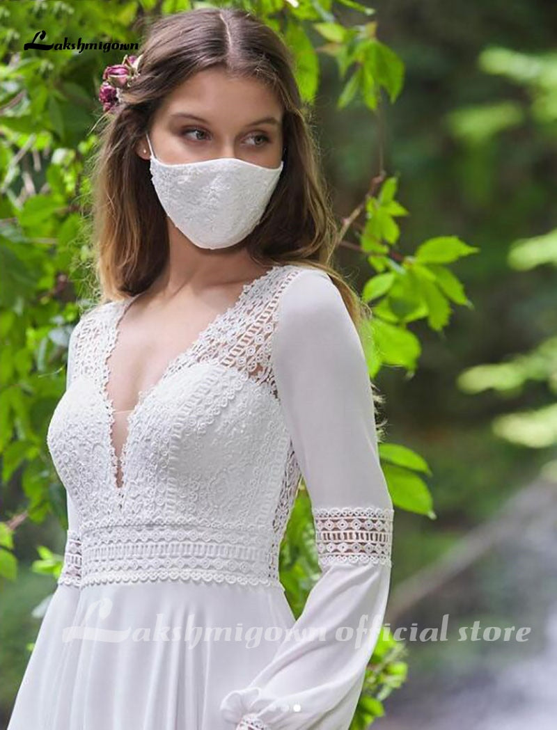 Vintage Long Puff Sleeves Wedding Dress Lace And Chiffon A Line Bride Gowns Backless Sexy Boho Bridal Dress 2021 New  Arrival - ROYCEBRIDAL OFFICIAL STORE