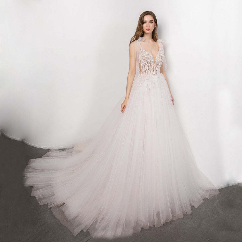 boho Bridal Gown 2021 new Sexy V-neck backless Bride Wedding Dress Luxury Crystal and Pearls Vestido de novia Robe de mariee