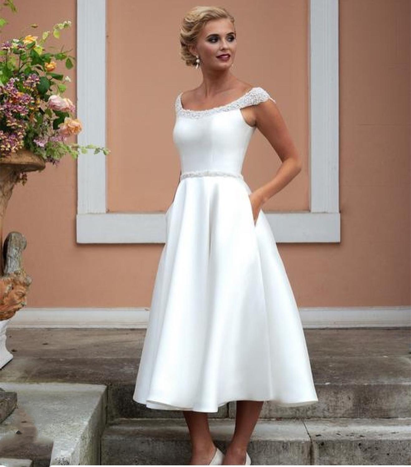 Short Wedding Dresses Satin Knee  Length With Crystal Beading Bridal Gowns With Pocket Elegant Simple Scalloped Cap Sleeve 2021