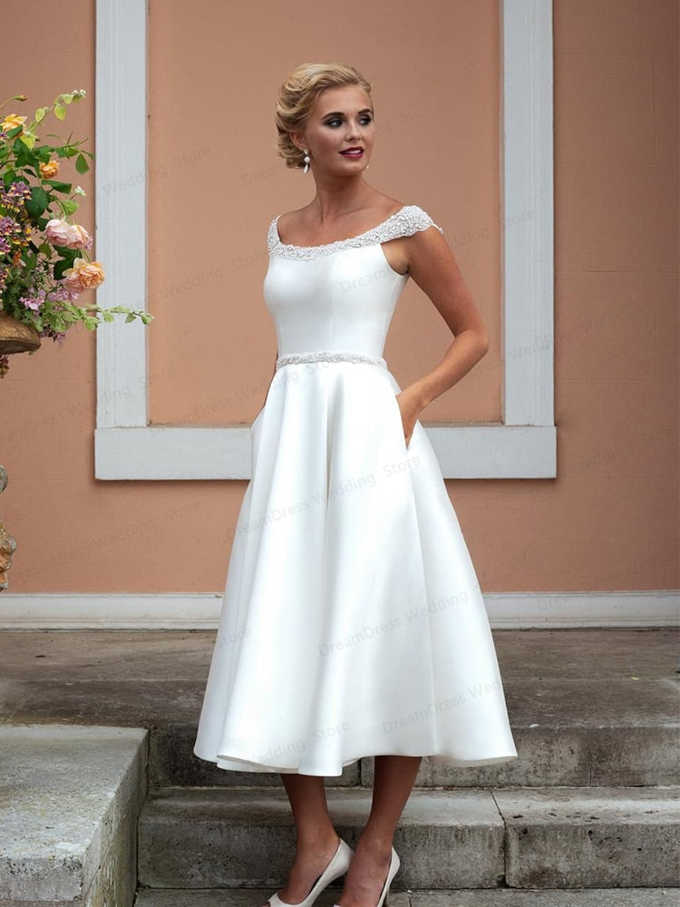 Vintage Wedding Dresses 2024 Off The Shoulder Short Sleeve A Line Satin  Traditional Bridal Gowns With Sweep Train - Milanoo.com