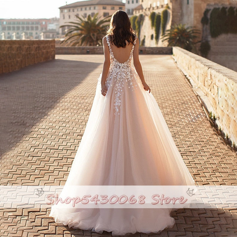 KapokDressy Beach Wedding Dress 2021 Backless 3D Flowers Sleeveless V-neck Boho A-Line Princess Bride Gowns Vestido De Novia