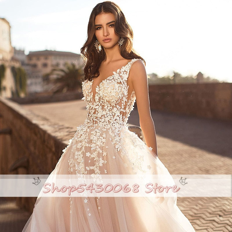 KapokDressy Beach Wedding Dress 2021 Backless 3D Flowers Sleeveless V-neck Boho A-Line Princess Bride Gowns Vestido De Novia