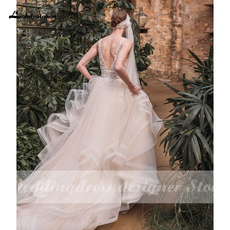 Boho Lace Wedding Dresses 2021 Lakshmigown Vestido de Noche New V Neck Luxury Beading Sexy Lace Bridal Gown Robe Mariee