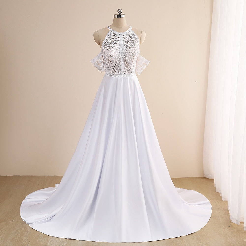 Simple A-Line Wedding Dresses Sexy Illusion O Neck Off Shoulder Button Cut-Out Lace Appliqued New 2021 Long Bridal Gowns Custom