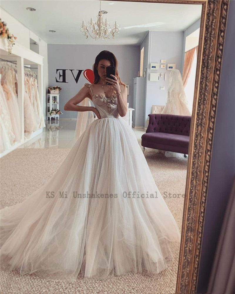 Sexy Crystals Wedding Dresses Vestidos de Noiva 2021 Princess Bride Dress Church Beach Wedding Gowns Custom Made
