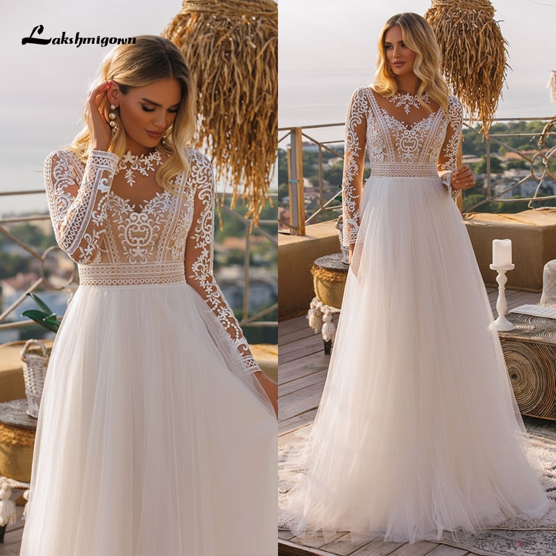 Beach Bridal Dress Ivory Off Shoulder Wedding Gowns Half Sleeve Flower —  Bridelily