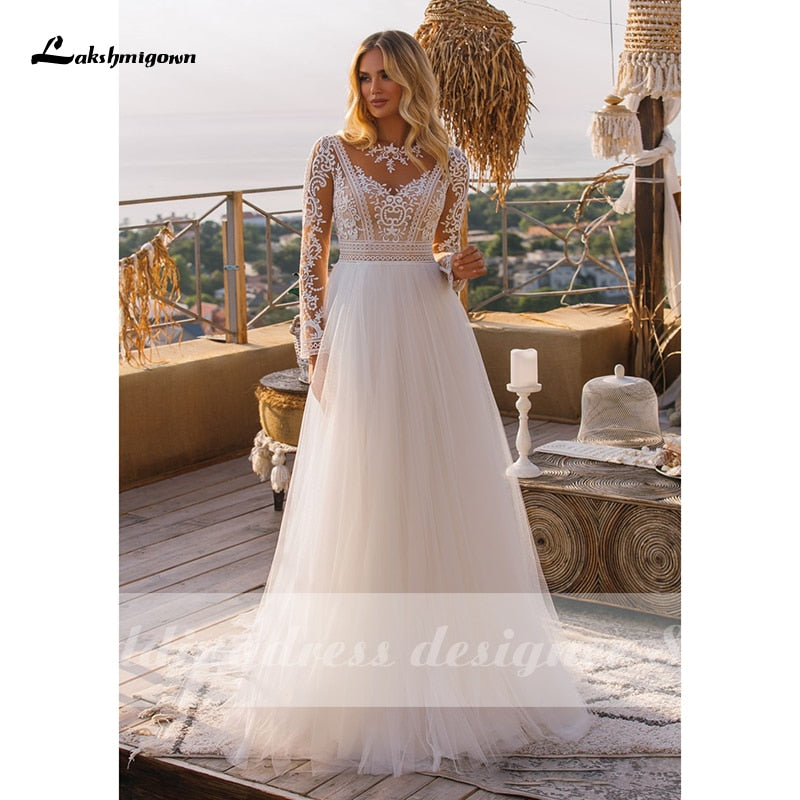 Vintage Long Sleeve Boho Wedding Dresses 2021 vestido de novia Lace High Neck Plus Size A Line Beach Bridal Gowns robe de mariee - ROYCEBRIDAL OFFICIAL STORE