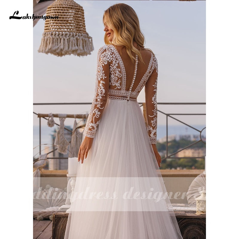Vintage Long Sleeve Boho Wedding Dresses 2021 vestido de novia Lace High Neck Plus Size A Line Beach Bridal Gowns robe de mariee - ROYCEBRIDAL OFFICIAL STORE