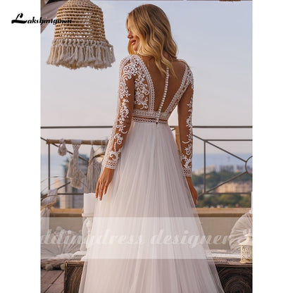Vintage Long Sleeve Boho Wedding Dresses 2021 vestido de novia Lace High Neck Plus Size A Line Beach Bridal Gowns robe de mariee - ROYCEBRIDAL OFFICIAL STORE