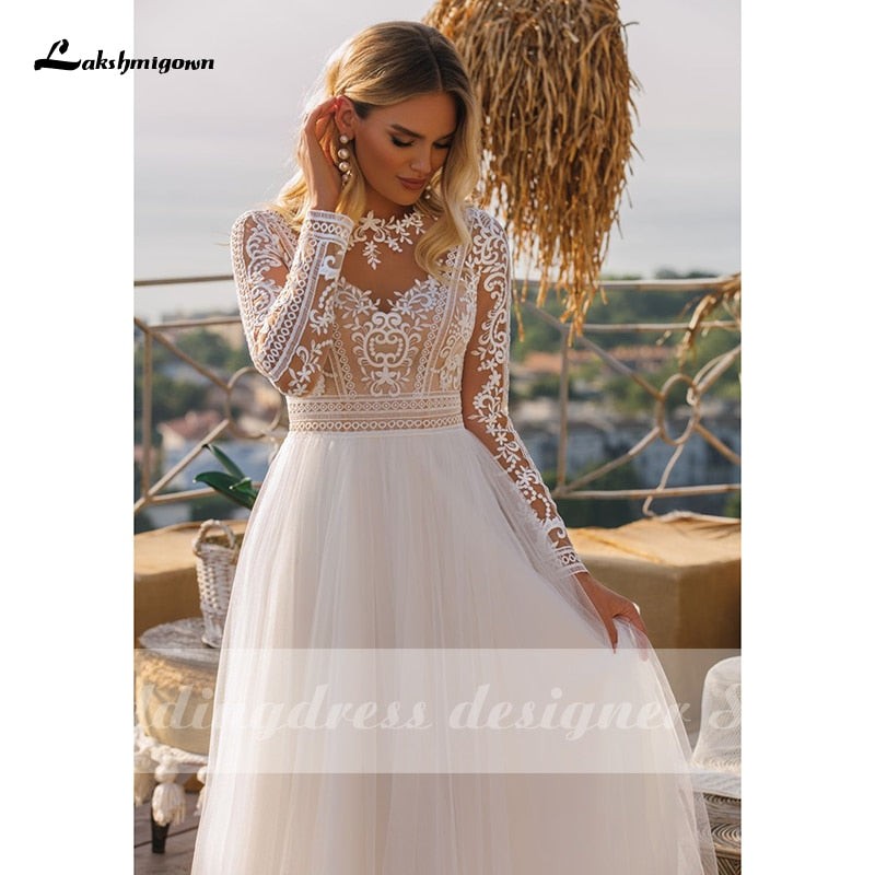 Vintage Long Sleeve Boho Wedding Dresses 2021 vestido de novia Lace High Neck Plus Size A Line Beach Bridal Gowns robe de mariee - ROYCEBRIDAL OFFICIAL STORE