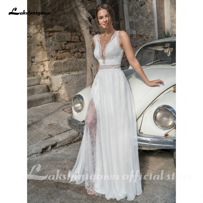 Ivory Bohemian Side Split Lace Bridal Dress Summer Wedding 2021 Sexy Lace V neck A Line Wedding Gown Vestido Playero - ROYCEBRIDAL OFFICIAL STORE