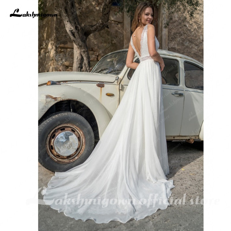 Ivory Bohemian Side Split Lace Bridal Dress Summer Wedding 2021 Sexy Lace V neck A Line Wedding Gown Vestido Playero