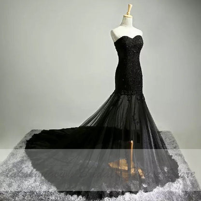 Lakshmigown Gothic Black Wedding Dress Mermaid 2021 Vestido de Boda Vintage Lace Appliques Bridal Wedding Gowns Off Shoulder - ROYCEBRIDAL OFFICIAL STORE