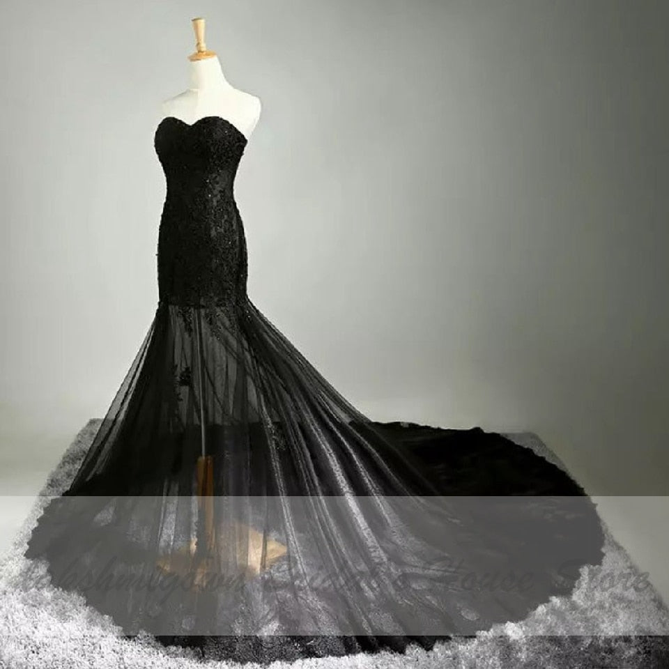 Lakshmigown Gothic Black Wedding Dress Mermaid 2021 Vestido de Boda Vintage Lace Appliques Bridal Wedding Gowns Off Shoulder - ROYCEBRIDAL OFFICIAL STORE