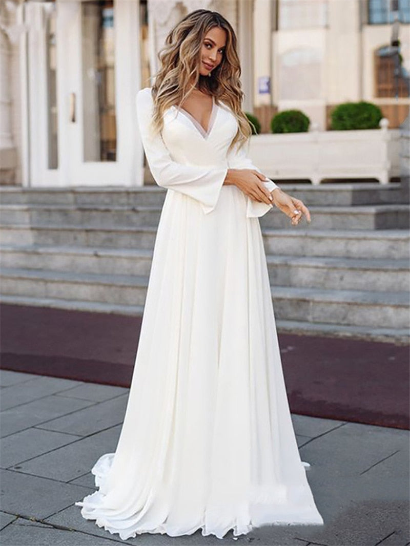 Simple Long Sleeve Wedding Dress 2021 Boho V-Neck Bridal Gown Sashes Long Bride Dresses Vintage Bohemian Appliqued Back