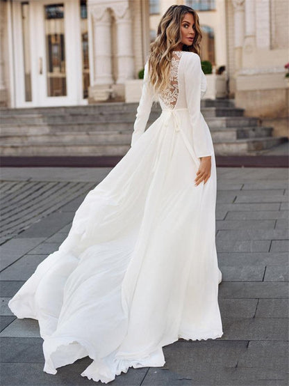 Roycebridal Simple Long Sleeve Wedding Dress 2025 Boho V-Neck Bridal Gown Sashes Long Bride Dresses Vintage Bohemian Appliqued Back