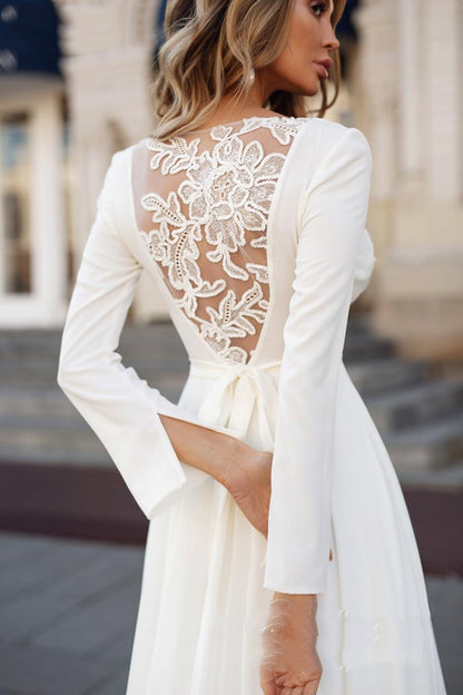 Roycebridal Simple Long Sleeve Wedding Dress 2025 Boho V-Neck Bridal Gown Sashes Long Bride Dresses Vintage Bohemian Appliqued Back