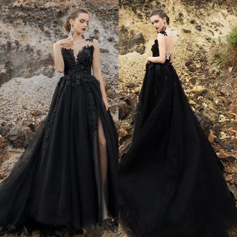 Black Gothic Wedding Dresses 2021 High Split Backless Lace Appliques Sexy Bridal Gowns Vestido De Novia Robe Mariee